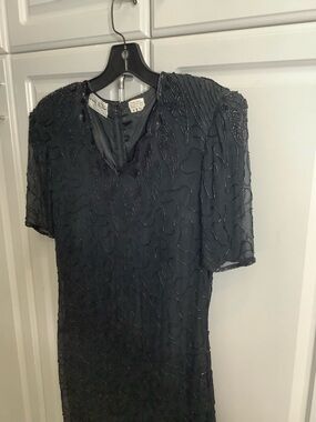 Silky Nites NY Vtg beaded sequin Black Cocktail Dress Pure Silk Sz PL